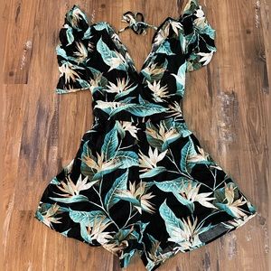 Tropical Print Belted Tie Back Ruffle Trim Romper - NWOT